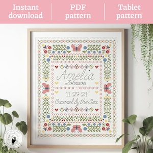 Floral Baby Announcement Cross Stitch Pattern: Birth Sampler (PDF Pattern Keeper Compatible)