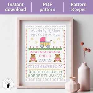 Floral Baby Announcement Cross Stitch Pattern: Birth Sampler (PDF Pattern Keeper Compatible File)