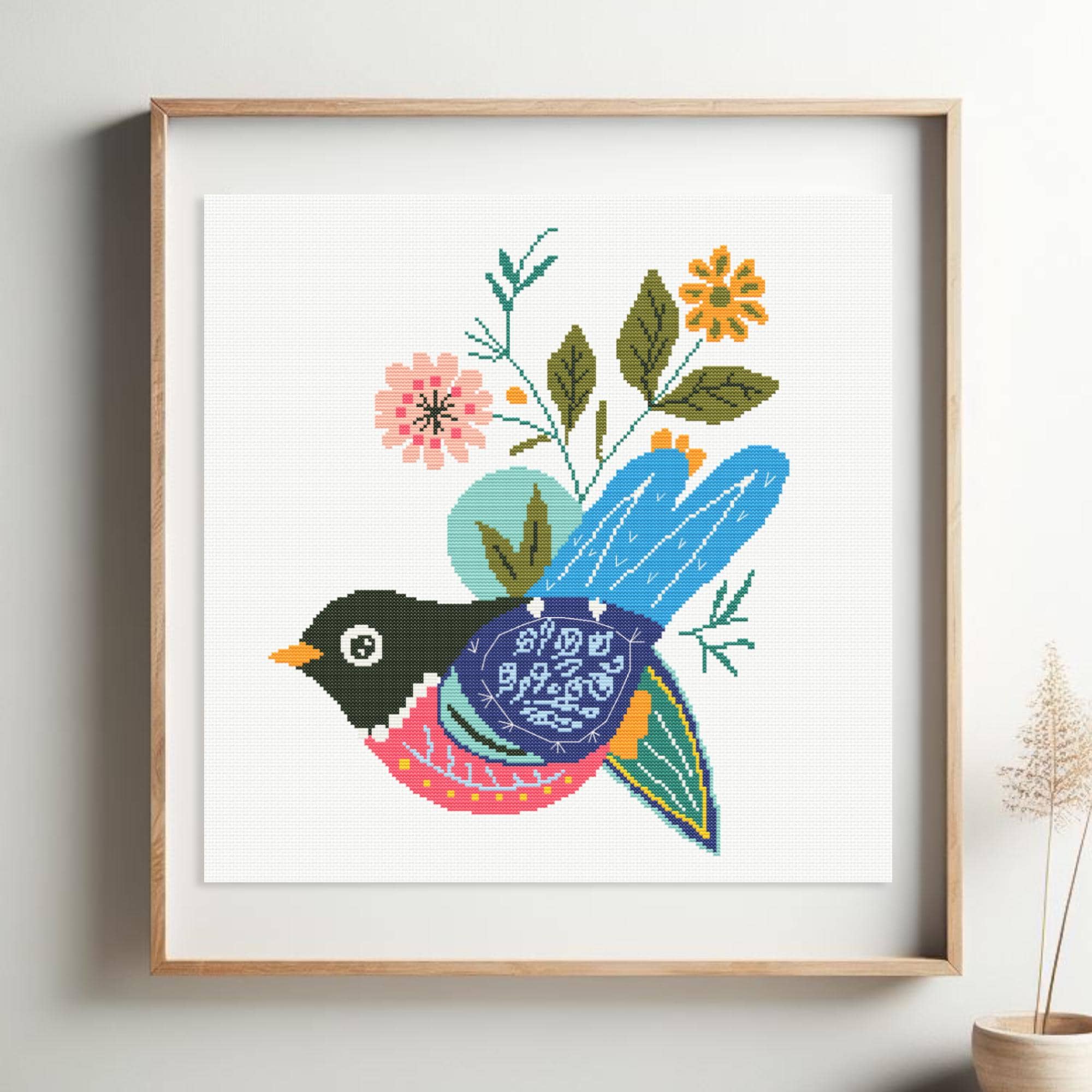 Folk Bird Cross Stitch Pattern: Perched Songbird Scandinavian Design ...