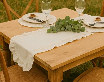Ruffled Cotton Table Runner: Linen-Look, Boho Farmhouse Decor