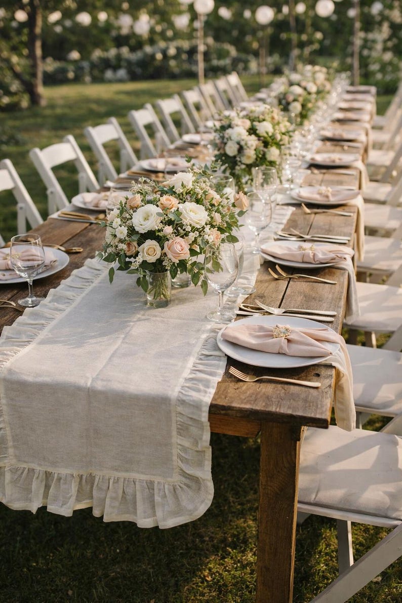 Handmade Ruffled Cotton Table Runner: Rustic Boho Dining Decor image 2