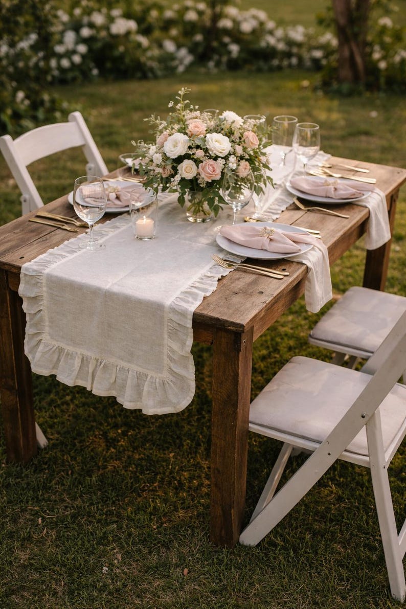 Handmade Ruffled Cotton Table Runner: Rustic Boho Dining Decor image 4