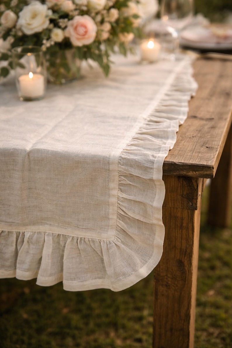 Handmade Ruffled Cotton Table Runner: Rustic Boho Dining Decor image 5