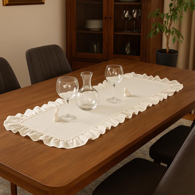 May include: A wooden dining table set with a cream-colored ruffled table runner, two wine glasses, a glass carafe, and two small white bunny figurines. The table is set for a meal.