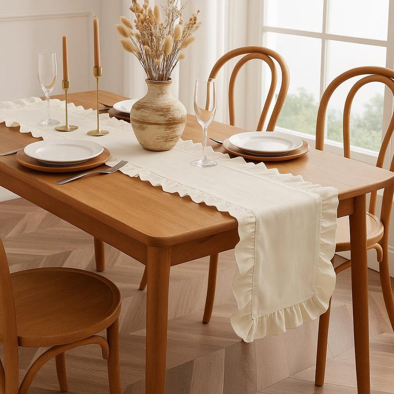 May include: A wooden dining table set with a cream-colored ruffled table runner, white plates, and champagne flutes. The table is set for a meal, with a vase of dried flowers and candles.