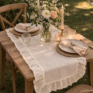 Camino de mesa de algodón con volantes hecho a mano: decoración rústica bohemia para comedor