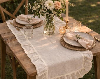 Handmade Ruffled Cotton Table Runner: Rustic Boho Dining Decor