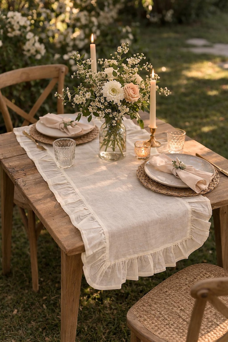 Handmade Ruffled Cotton Table Runner: Rustic Boho Dining Decor image 1