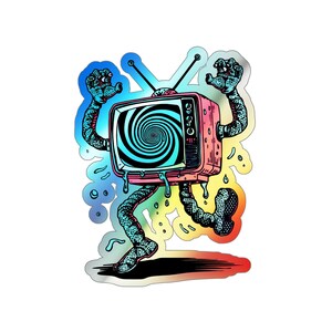 May include: A sticker featuring a cartoon television with a hypnotic spiral screen. The TV has arms and legs, with a dripping effect. The color palette includes pink, blue, and yellow, with a rainbow gradient at the bottom.