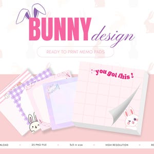 Bunny Design Memo Pads | Cute Printable Note Paper Designs Digital Stationery Sticky Notes Kawaii Notepads for Journaling & Planning
