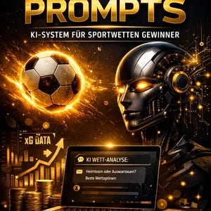 Könnte beinhalten: Digitale Illustration mit dem Text "ProBet PROMPTS" und "KI-SYSTEM FÜR SPORTWETTEN GEWINNER". Das Bild zeigt einen Fußball, einen Roboter, einen Laptop mit Daten und Münzstapel.