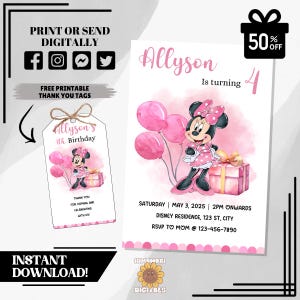 Convite de aniversário editável da Minnie | Convite para festa de rato de bolinhas rosa | Modelo para qualquer idade | Impressão digital | Download instantâneo
