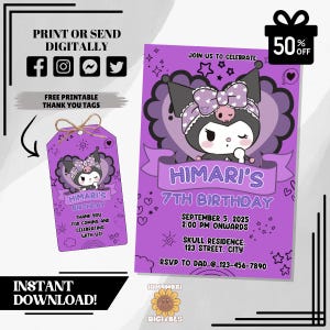 Invito di compleanno modificabile a forma di coniglio kawaii / Invito per festa a forma di coniglietto carino / Modello digitale e tag di ringraziamento / Etichette di favore viola stampabili