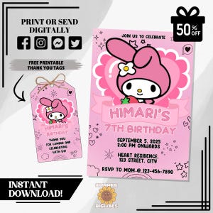 Bearbeitbare Melo-Geburtstagseinladung | Niedliche rosa Party einladen | Digitale Vorlage | Melo Thank You Tag | Druckbare Geschenkanhänger | Sofort Download