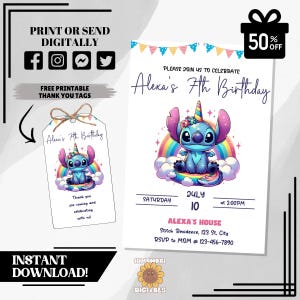 Editable Stitch Birthday Invitation | Cute Blue Alien Party Invite | Cartoon Birthday Evite | Digital Template | Printable Download