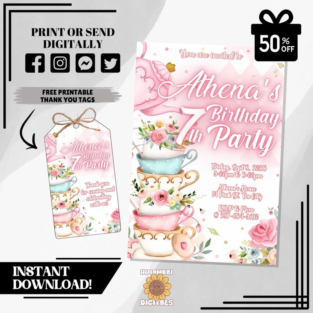 Editable Tea Party Birthday Invitation | Pink & Gold Par-tea Invite ...