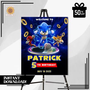 Placa de boas-vindas de aniversário do Sonic editável | Decoração de festa de ouriço | Tema de videogame azul | Modelo digital | Para impressão | Download instantâneo