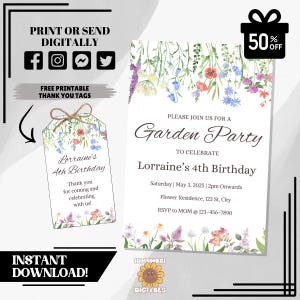 Convite de aniversário floral editável | Convite para festa de jardim com flores silvestres | Modelo de aniversário de menina | Cartão digital para impressão | Download instantâneo