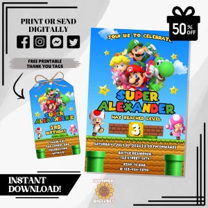 Bearbeitbare Super Mario Geburtstagseinladung | Druckbare Mario Bros Party Einladen | Digitale Vorlage | Lustiges Gaming-Thema | Sofort Download