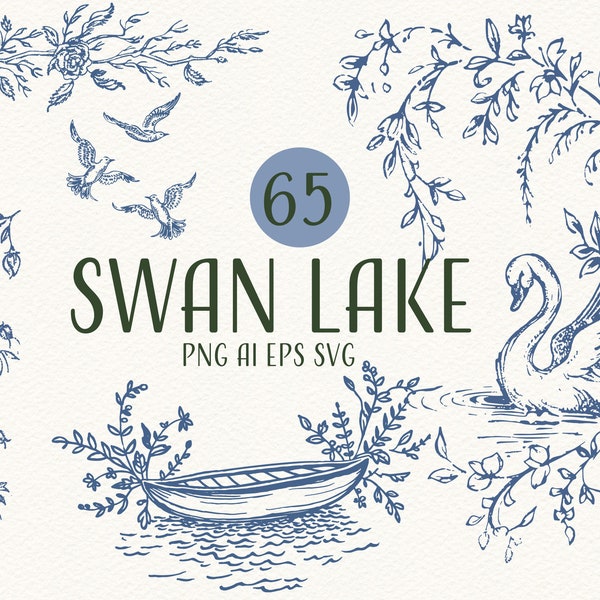 Vintage Swan Lake Clipart Collection - 65 Hand-Drawn Elements, Botanical & Birds Illustrations, PNG SVG EPS, Scrapbooking, Journal Art