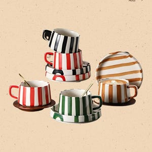 Minimalist Striped Ceramic Mug with Saucer – Colorful Coffee & Tea Cup – Creative Home Drinkware for Milk, Flower Tea, or Gifts