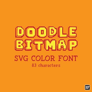 May include: A digital graphic on an orange background featuring the yellow pixelated text DOODLE BITMAP with a red outline. Below this, the red text reads SVG COLOR FONT and 83 characters. A small black square with white BF letters is in the corner.