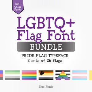 Puede incluir: Un gráfico que presenta el texto "LGBTQ+ Flag Font Bundle" en morado, con una pancarta gris que dice "BUNDLE". Debajo hay varias banderas del orgullo, incluyendo banderas arcoíris, transgénero y no binarias. También está presente el texto "PRIDE FLAG TYPEFACE".