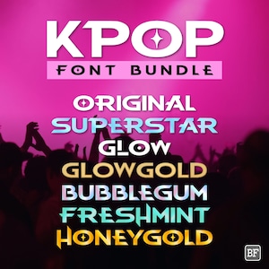 Könnte beinhalten: Eine digitale Grafik mit dem Text KPOP FONT BUNDLE in Weiß, gefolgt von einer Liste von Schriftnamen in verschiedenen Farben und Stilen: ORIGINAL, SUPERSTAR, GLOW, GLOWGOLD, BUBBLEGUM, FRESHMINT und HONEYGOLD, vor einem leuchtend rosa Hintergrund.