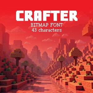 Può includere: Un grafico digitale che presenta il testo CRAFTER BITMAP FONT 43 characters in bianco su uno sfondo rosso, a blocchi e pixelato. La scena raffigura un ambiente simile a un canyon con terreno quadrato, alberi a blocchi e un cielo rosso.