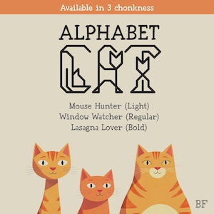 May include: Illustration featuring three orange tabby cats with varying body shapes. The image includes the text "ALPHABET CAT" and the phrases "Mouse Hunter (Light)," "Window Watcher (Regular)," and "Lasagna Lover (Bold)." The background is a light beige color.