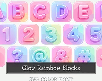 GLOW RAINBOW BLOCKS – Glossy svg Alphabet – Iridescent Toy Blocks Letters, Pastel Nursery Decor, Baby Room Wall Art, Colorful Clipart