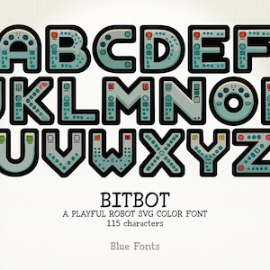 BITBOT - Verspielte Roboter Schrift OTF SVG mit Retro Tech Gadgets, lustiges futuristisches Alphabet für Kinder Projekte Gaming Designs Party Handwerk