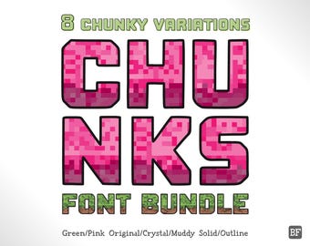 CHUNK Pixel Font Bundle – 8 Blocky Game-Style Fonts, Crystal and Dirty Textures, Color and Regular Fonts for Party Invitations & Crafts