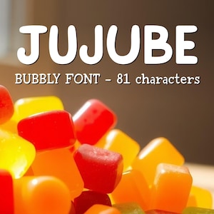 JUJUBE sprudelnde verspielte Schriftart, kinderfreundliche Partykarten, Design, Spaß, Feinschmecker, Dessert, Bäckerei, Typografie, Abgerundet