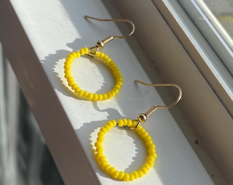 Yellow Seed Bead Hoop Earrings: Small Boho Jewelry