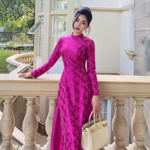 Pre-made Ao Dai Viet Nam Traditional -Áo dài Gấm Vân Hoa Yên Viên-Traditional silk brocade women's ao dai