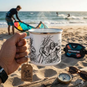 Poseidon Enamel Mug, Mythology Ocean Kitesurf Gift, Surf Wind Sea God Camping Cup
