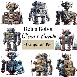 Retro Robot Clipart Bundle , 19PNG Steampunk Robot Images , Printable Wall Art for Kids Room , Boys Nursery , Scrapbooking , Sublimation