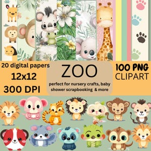 Pacchetto di clipart di animali dello zoo in formato PNG / 100 immagini di cuccioli di animali + 20 carte digitali / Album di ritagli di safari nella giungla 12x12 / Simpatico animale dei cartoni animati in formato PNG