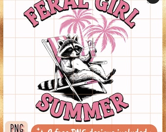 Feral Girl Summer PNG: Retro Raccoon Beach Design (Digital Download)
