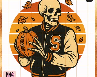 Retro Skeleton Football PNG: Halloween Kürbis, Varsity Jacke (Digitaler Download)