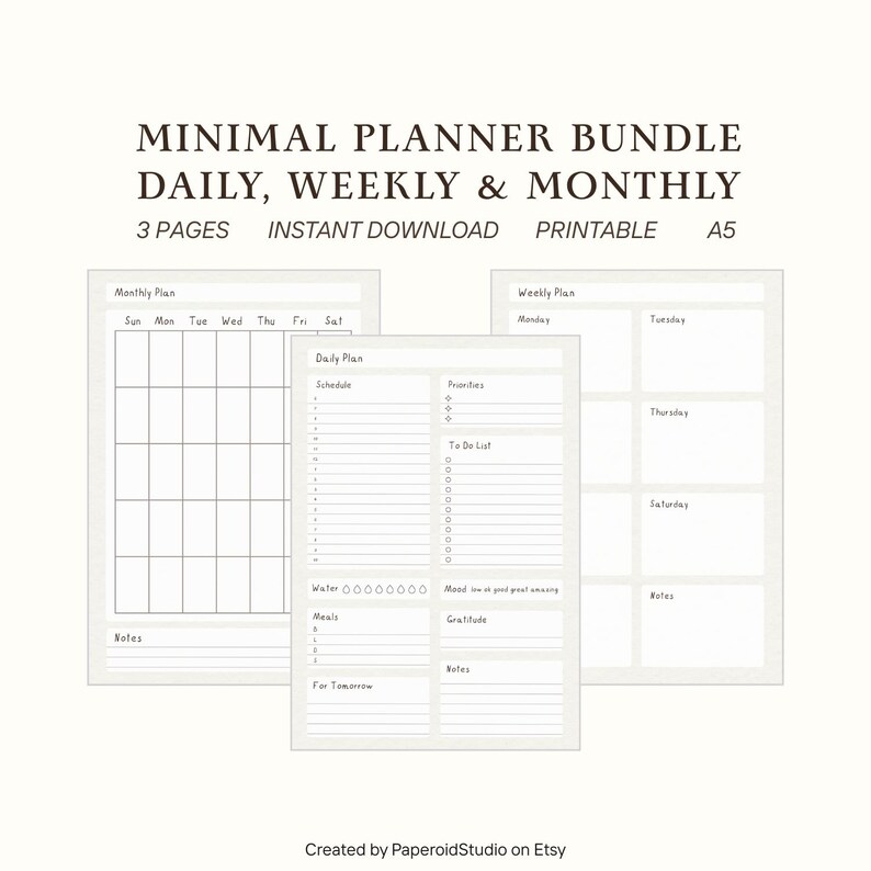 Minimalist Printable Daily Weekly Monthly Planner Bundle A5 ADHD ...