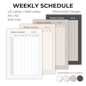 Puede incluir: Plantillas de horario semanal en blanco, beige, gris claro y gris oscuro. Cada plantilla presenta un diseño de cuadrícula con espacios de tiempo y días de la semana. El texto incluye "Weekly Schedule" y "Minimalist Design".