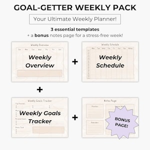 Op de afbeelding: Een Goal-Getter Weekly Pack met een wekelijkse planner thema. De afbeelding toont vier sjablonen: Wekelijks Overzicht, Wekelijks Schema, Wekelijkse Doelen Tracker en een Bonus Notitiepagina. De tekst bevat "Uw ultieme wekelijkse planner!"