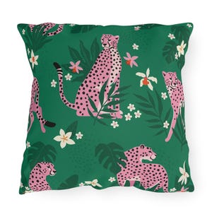 Outdoor Tropical Animal Pillow, Tropical Pink Leopards Decor, Fun Colorful Tropical Outdoor decor, Animal print gift
