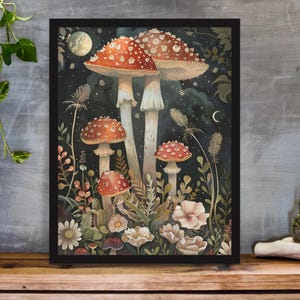 Enchanted Garden Mushroom Art Print, Woodland Fairy Decor, Nature Lover Gift, Boho Chic Room Decoration