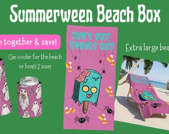 Summerween Beach Bundle: Halloween Ghost Towel & Can Cooler