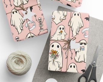 Papel de embrulho de presente de Halloween com fantasmas em tons pastel, fofo e assustador para as festas.