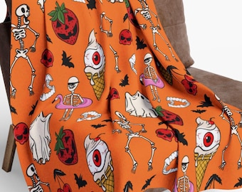Summerween Fleece Blanket - Fun colorful  Goblins and Ghosts design.   Halloween  Beachy blanket, Summerween camping blanket