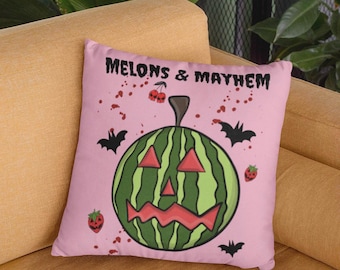 Summerween Pillow Cover: Pink Spooky Watermelon Goblin Design